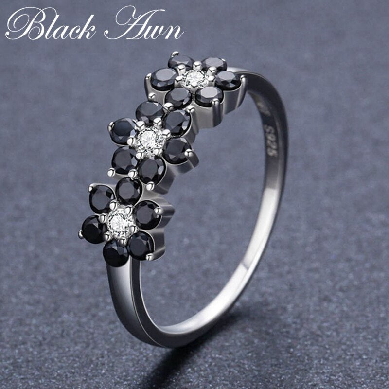 Peris Gems Black Diamond Flower Baguette Ring for Women | Silver Spinel Ring Black Diamond Flower Baguette Ring for Women | Spinel Ring SHEIN Amazon Temu