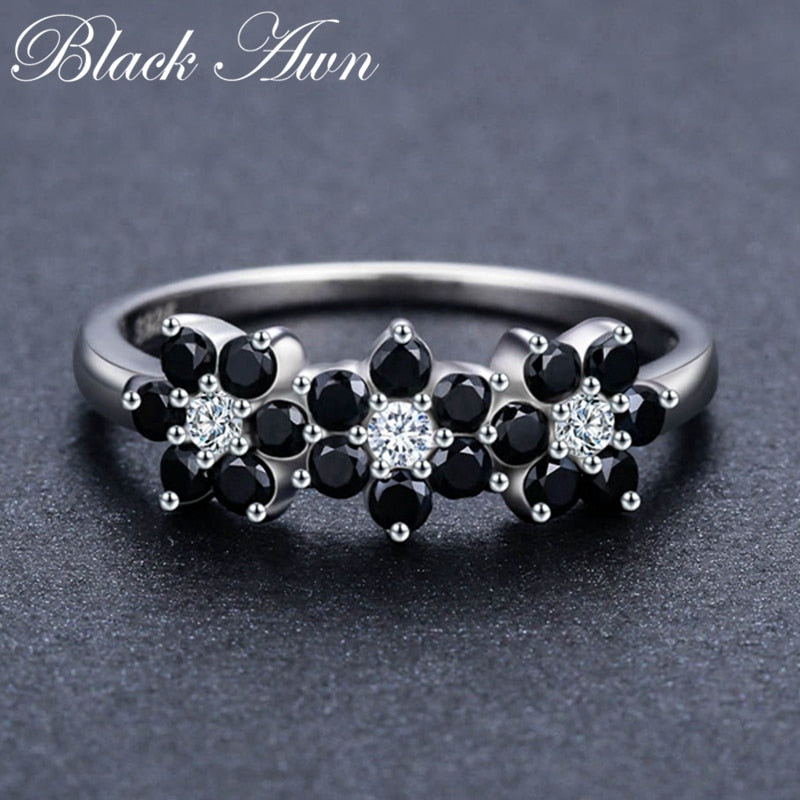 Peris Gems Black Diamond Flower Baguette Ring for Women | Silver Spinel Ring Black Diamond Flower Baguette Ring for Women | Spinel Ring SHEIN Amazon Temu