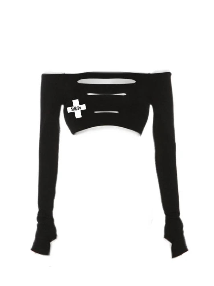 Peris Gems black / L Harajuku Hollow Out Cross Letter Print Women&