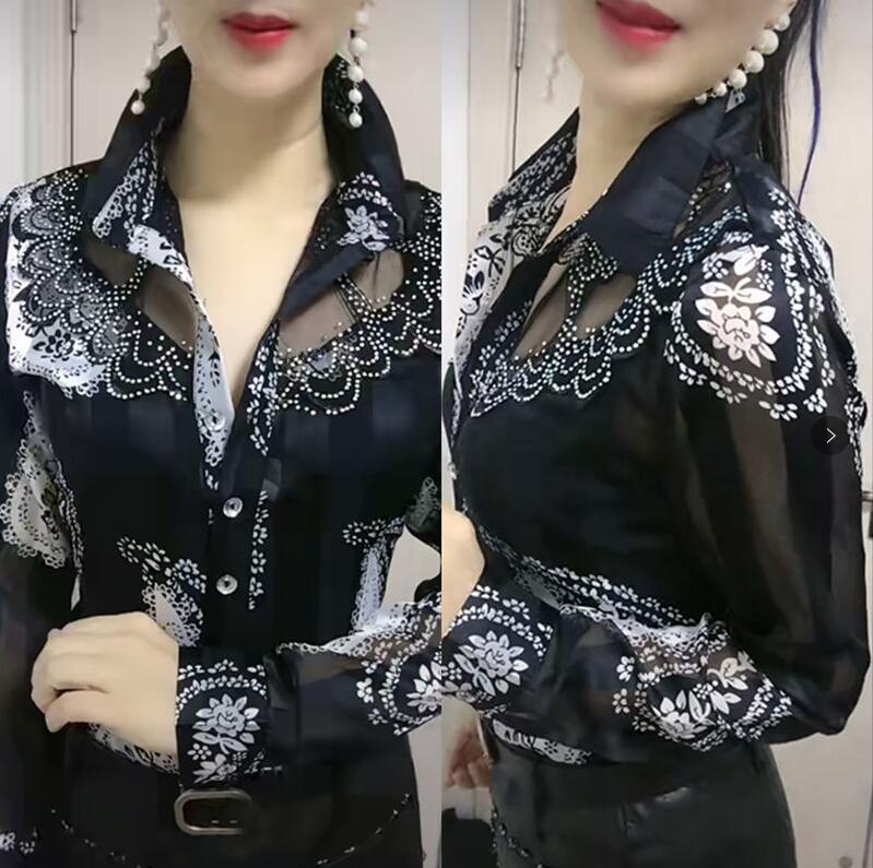 Peris Gems Black long sleeve / M Long-Sleeved Floral Mesh Lace Button Up Shirts for Women SHEIN Amazon Temu