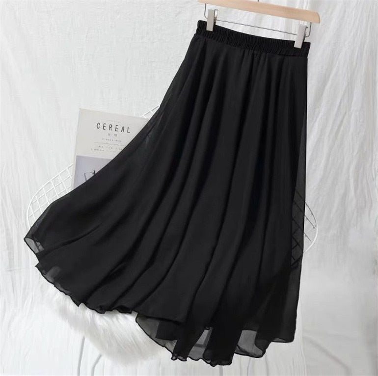 Peris Gems Black / M High Waist Pleated Chiffon Skirts for Women | Mid Calf Maxi Skirts High Waist Pleated Chiffon Skirts | Women&