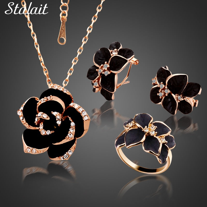 Peris Gems Black Rose Flower Necklace and Earrings Set | Diamond Flower Necklace Set SHEIN Amazon Temu