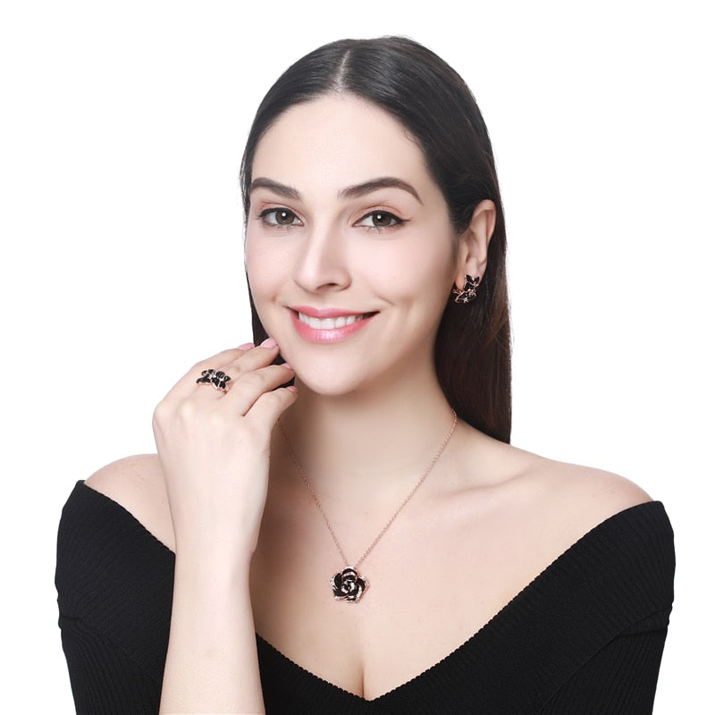 Peris Gems Black Rose Flower Necklace and Earrings Set | Diamond Flower Necklace Set SHEIN Amazon Temu