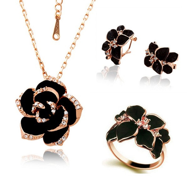 Peris Gems Black Rose Flower Necklace and Earrings Set | Diamond Flower Necklace Set Women&