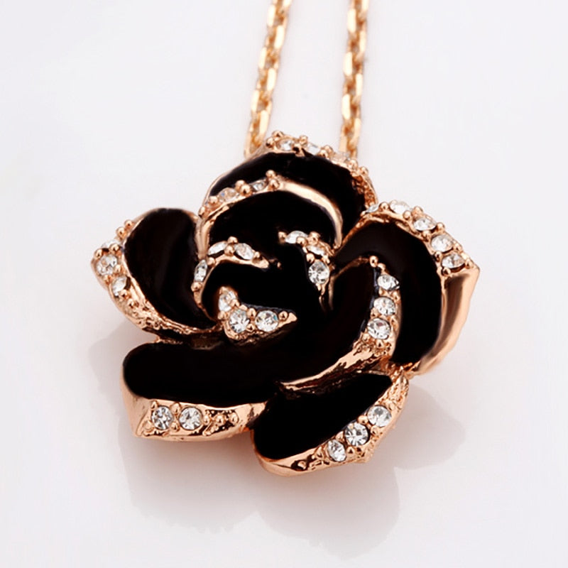 Peris Gems Black Rose Flower Necklace and Earrings Set | Diamond Flower Necklace Set Women&