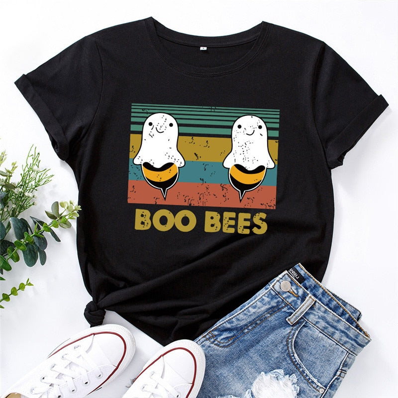 Peris Gems Black / S Graphic Print BOO BEES T-Shirt for Women | Halloween Bee Short Sleeve Shirt Graphic Print BOO BEES T-Shirt for Women Halloween Bee Shirt SHEIN Amazon Temu