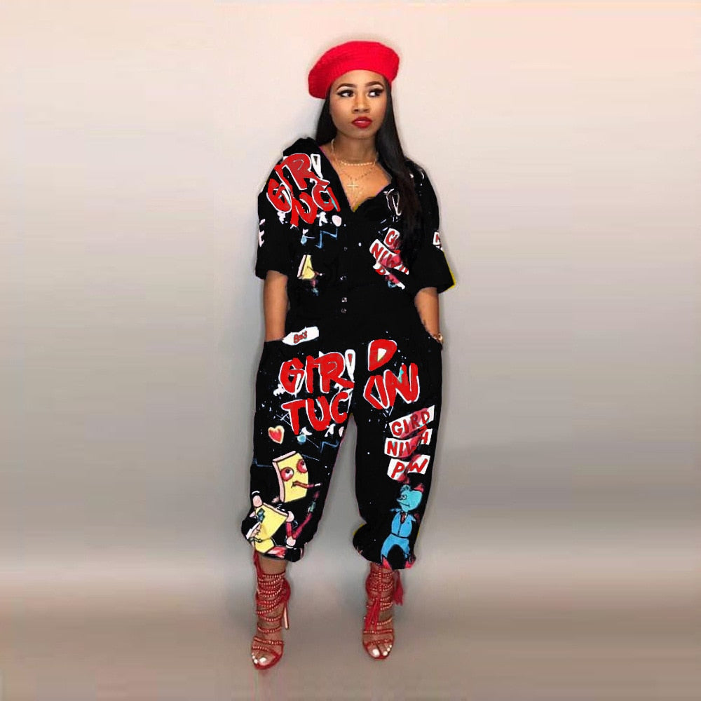 Peris Gems Black / S Graphic Print Turn Down Romper Jumpsuit for Women SHEIN Amazon Temu