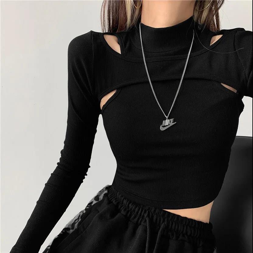 Peris Gems Black / S Hollow Knitted Crop Tops for Women | Fake 2pc Long Sleeve Shirt Hollow Knitted Crop Tops for Women | Fake 2pc Long Sleeve SHEIN Amazon Temu