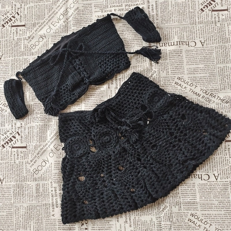 Peris Gems black / S Knitted Hollow Crop Top and Mini Skirt Sheer Set for Women | Women&