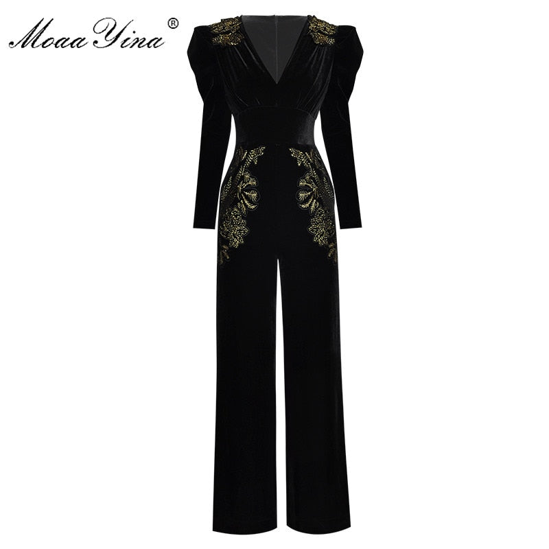 Peris Gems Black / S Long Sleeve Gold Embroidered Velvet Jumpsuits for Women SHEIN Amazon Temu