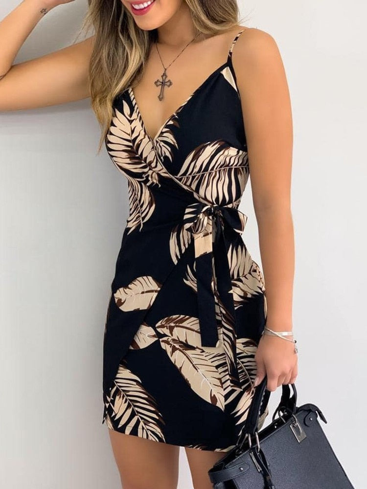 Peris Gems Black / S Tropical Print V-Neck Wrap Casual Dress for Women | Sleeveless Mini Dress Tropical Print V-Neck Wrap Casual Dress for Women Mini Dress SHEIN Amazon Temu