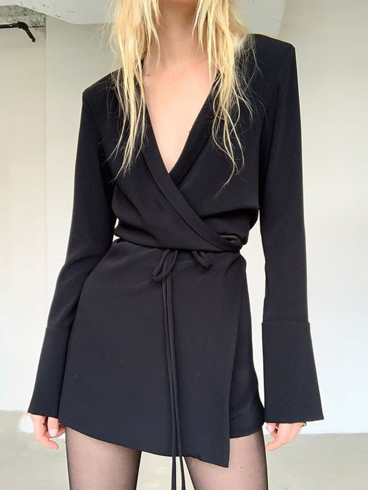 Peris Gems Black Satin V-Neck Shirt Dress for Women | Elegant Flare Sleeve Lace Up Mini Dress SHEIN Amazon Temu