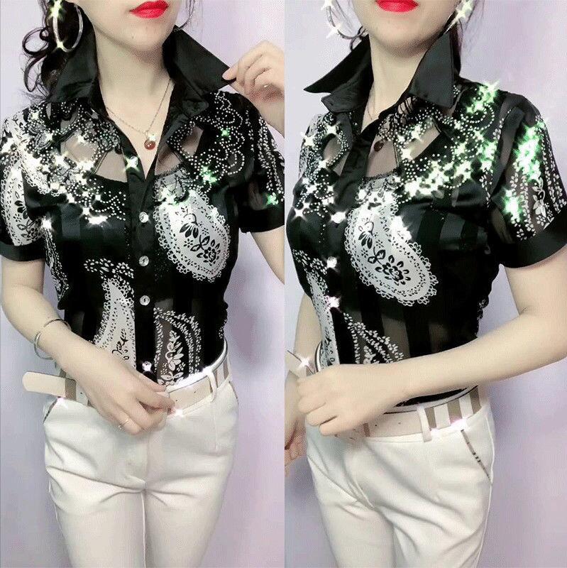Peris Gems Black short sleeve / M Long-Sleeved Floral Mesh Lace Button Up Shirts for Women SHEIN Amazon Temu