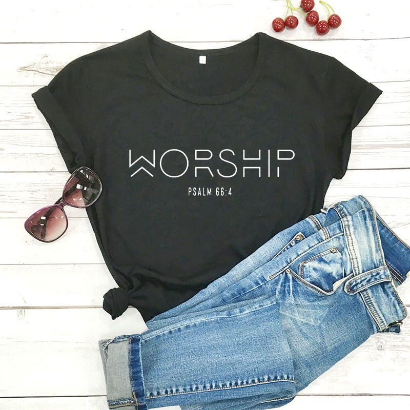 Peris Gems black-white text / S Worship Psalm Verse 66:4 T-Shirt for Women | Cotton Faith Shirts Worship Psalm Verse 66:4 T-Shirt for Women | Faith Shirts SHEIN Amazon Temu