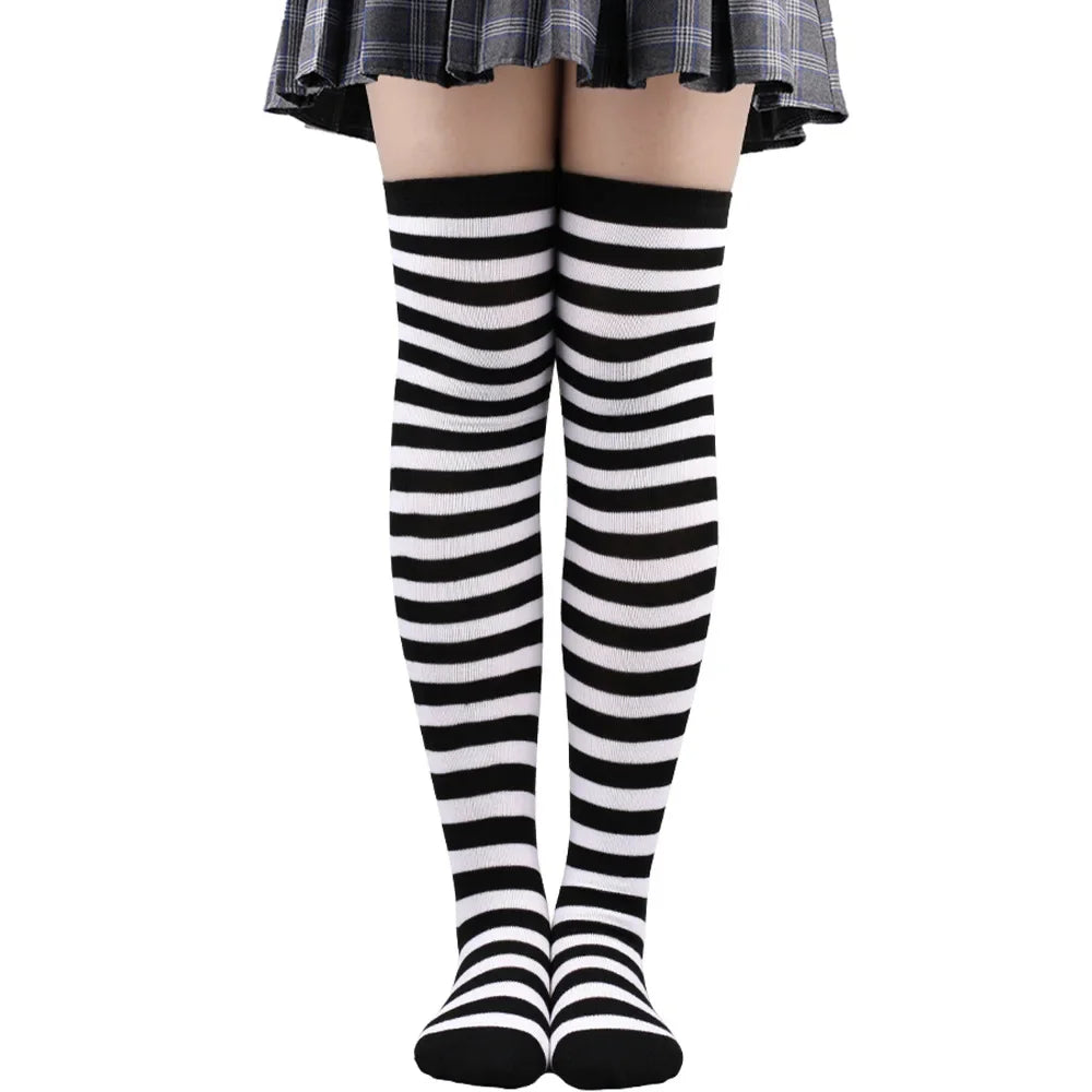 Peris Gems Black white thin 14 / One Size Womens Striped Thigh High Stockings Ladies Girls Black White pink Long Over Above Knee Socks Cosplay Lolita Harajuku Y2k 2025 Womens Striped Thigh High Stockings Ladies Girls Black White pink Long Over Above Knee Socks Cosplay Lolita Harajuku Y2k 2025 SHEIN Amazon Temu