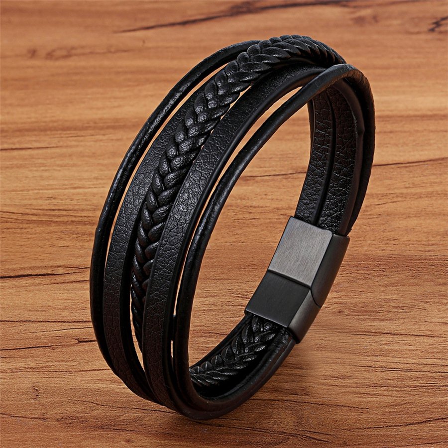 Peris Gems Black with Black / 19cm Multilayered Charm Cuff Leather Bracelets for Men SHEIN Amazon Temu