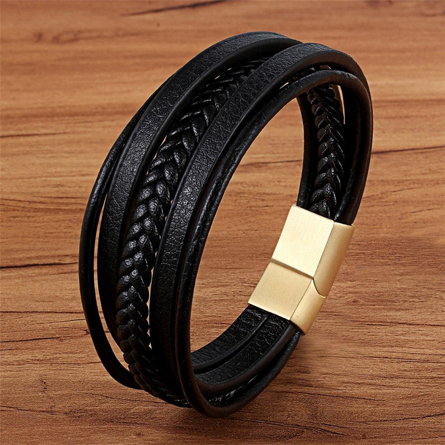 Peris Gems Black with Gold / 19cm Multilayered Charm Cuff Leather Bracelets for Men SHEIN Amazon Temu