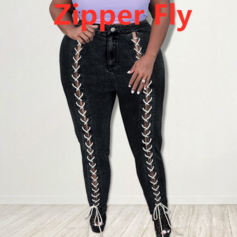 Peris Gems Black With Lace Up / XL Plus Size Elastic Denim Pants | Women&