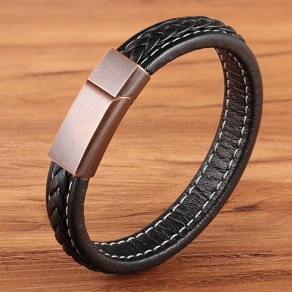 Peris Gems Black with Rose gold / 19cm Leather Textured Grid Buckle Bracelets Unisex | Black Rose Gold Leather Leather Textured Grid Buckle Bracelets Unisex SHEIN Amazon Temu
