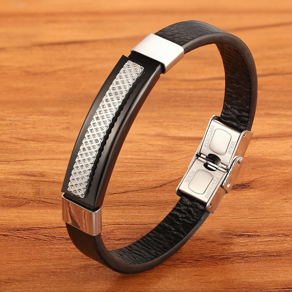 Peris Gems Black with Silver / 19cm Leather Combination Stainless Bracelets for Men SHEIN Amazon Temu