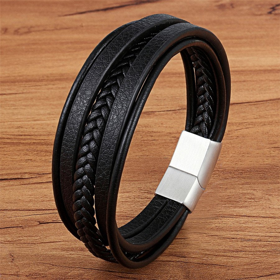 Peris Gems Black with Steel / 19cm Multilayered Charm Cuff Leather Bracelets for Men SHEIN Amazon Temu
