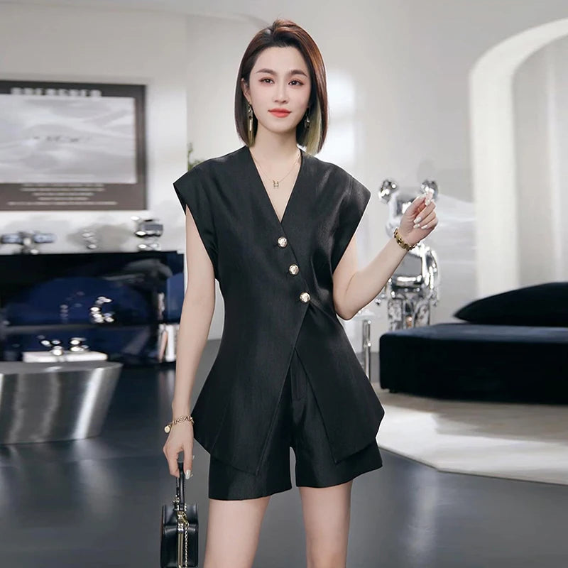 Peris Gems black / XL / CN Fashion Summer Office Ladies Two Piece Set 2025 New High Quality Women V Neck Single Breasted Split Tops + Wide Leg Shorts Suits Fashion Summer Office Ladies Two Piece Set 2025 New High Quality Women V Neck Single Breasted Split Tops + Wide Leg Shorts Suits SHEIN Amazon Temu