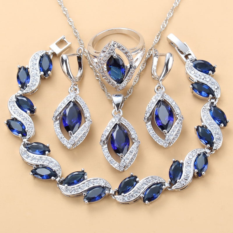 Peris Gems Blue 4PCS / 9 Blue and Diamond Wedding Jewelry Set for Women | Silver Diamond Blue Diamond Wedding Jewelry Set for Women Silver Diamond SHEIN Amazon Temu