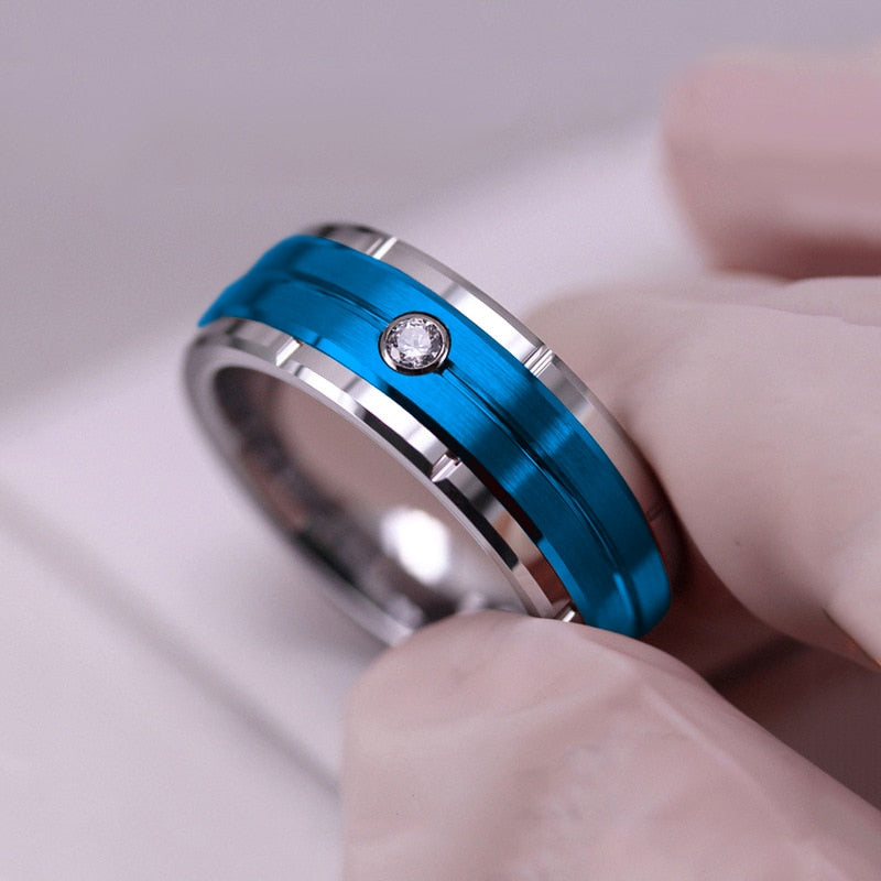 Peris Gems Blue / 7 Double Groove Beveled Stainless Steel Ring Unisex | Black Brushed Inlay Zircon Double Groove Beveled Stainless Steel Ring Unisex | Brushed SHEIN Amazon Temu