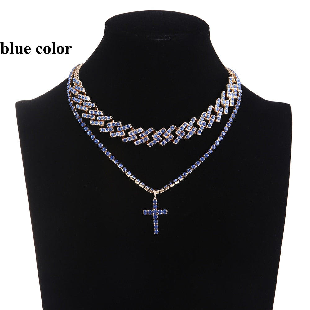 Peris Gems Blue Cuban Link Jesus Cross Chain Necklace Set Unisex | Diamond Necklaces Cuban Link Jesus Cross Chain Necklace Set Unisex | Diamond SHEIN Amazon Temu