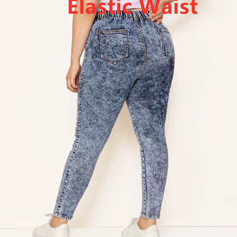 Peris Gems Blue Elastic Waist / XL Plus Size Elastic Denim Pants | Women&