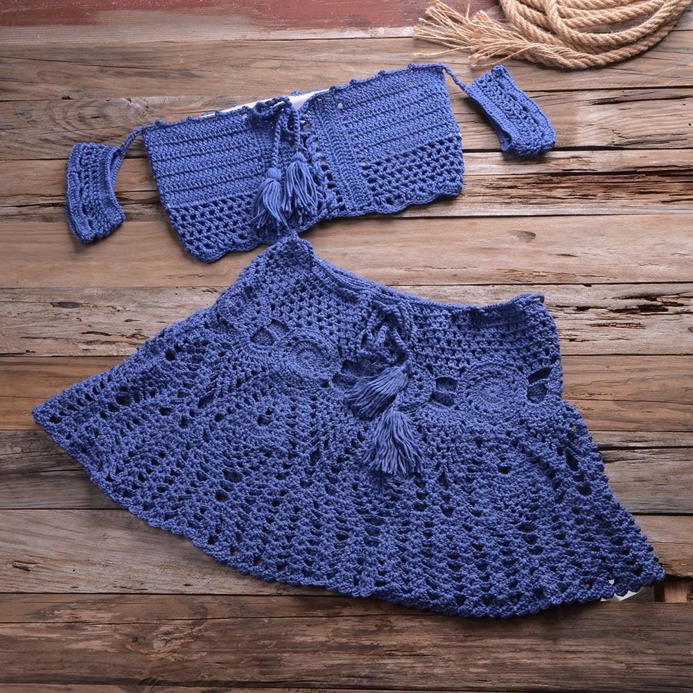Peris Gems blue / S Knitted Hollow Crop Top and Mini Skirt Sheer Set for Women | Women&
