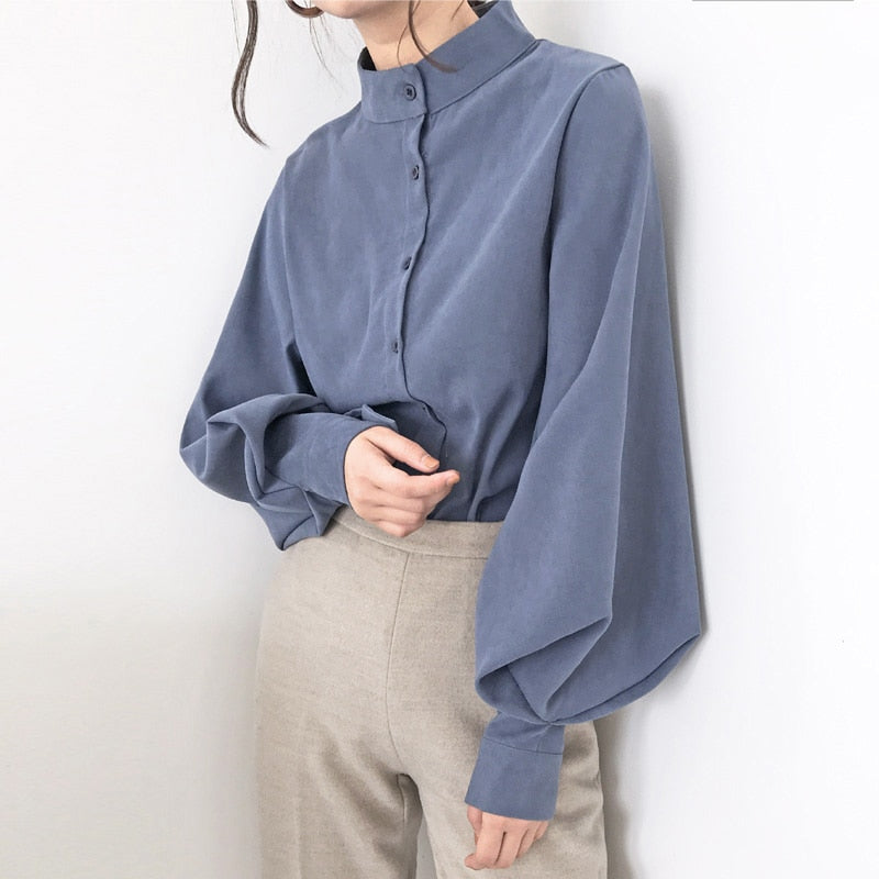 Peris Gems Blue / S Lantern Sleeve Blouse for Women | Solid Button Up Collar Shirt for Women SHEIN Amazon Temu
