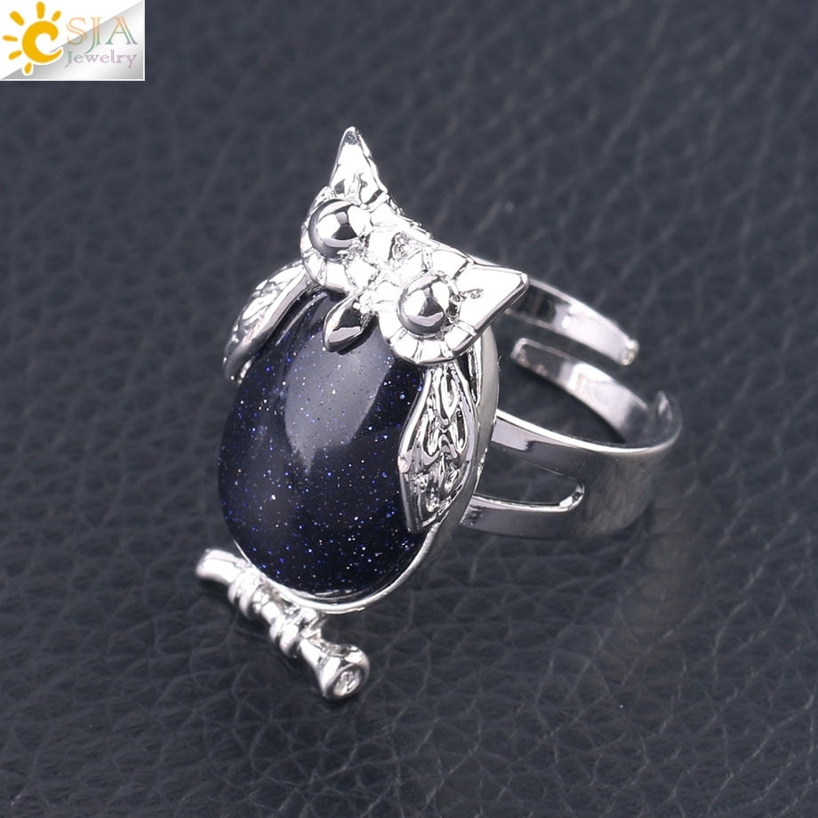 Peris Gems Blue Sand Cabochon Bead Owl Rings | Silver Diamond Owl Rings Adjustable SHEIN Amazon Temu