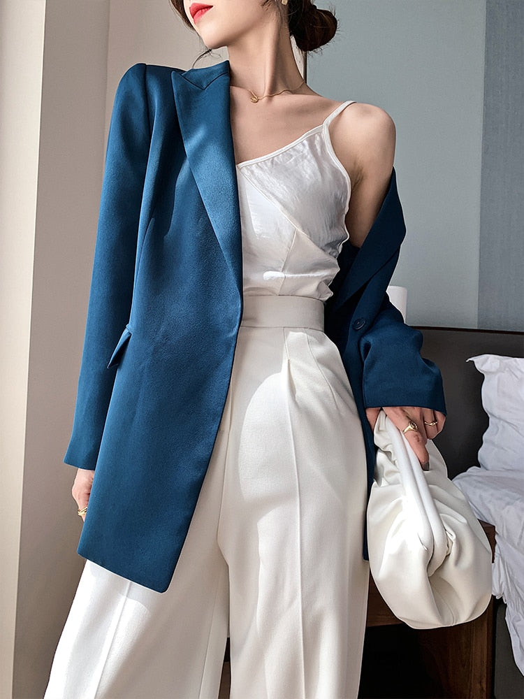 Peris Gems Blue Satin Blazer for Women | Luxurious Satin Suit Coat Jacket Blue Satin Blazer for Women Luxurious Satin Suit Coat Jacket SHEIN Amazon Temu