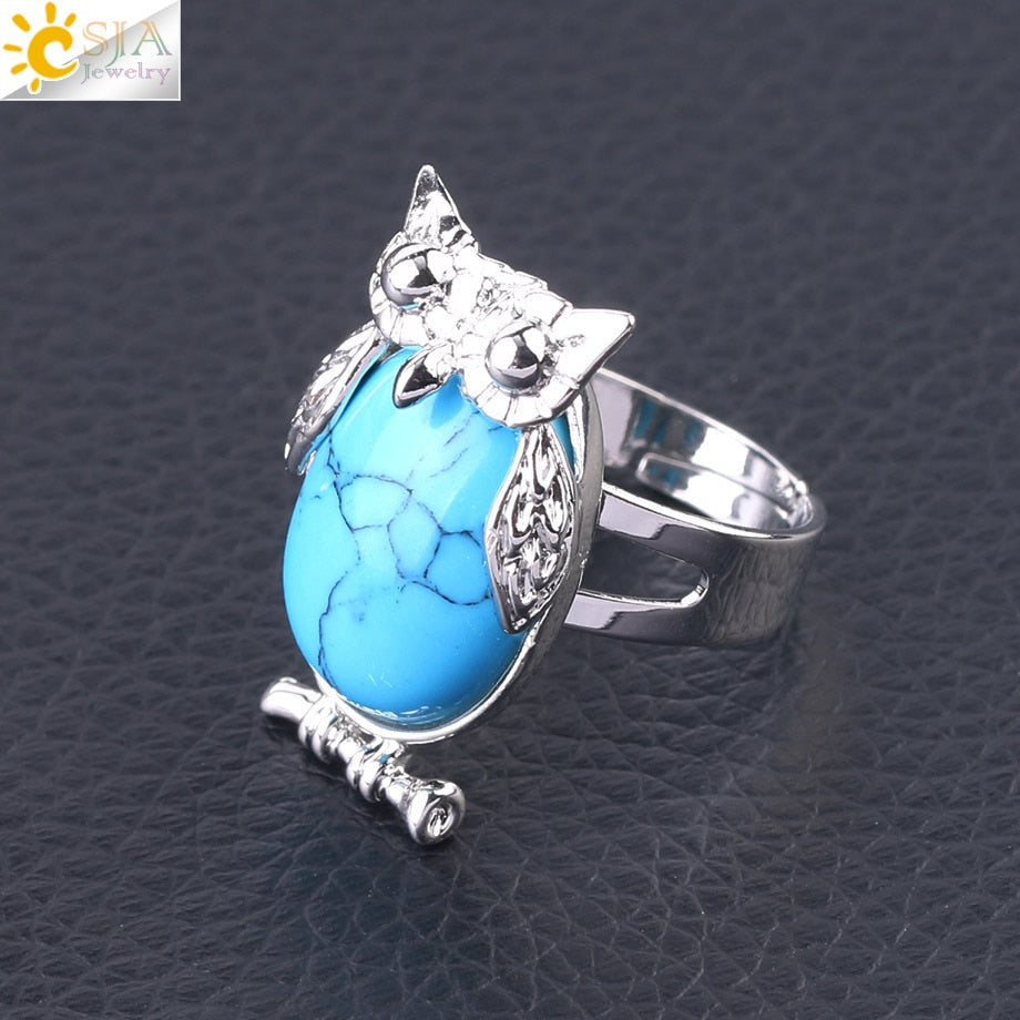 Peris Gems Blue Turquoise Cabochon Bead Owl Rings | Silver Diamond Owl Rings Adjustable SHEIN Amazon Temu