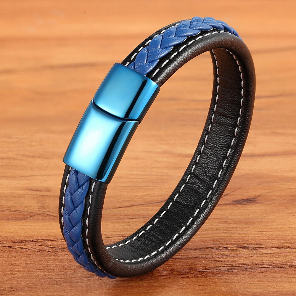 Peris Gems Blue with Black / 19cm Blue Leather Combination Stitching Buckle Bracelet for Men SHEIN Amazon Temu