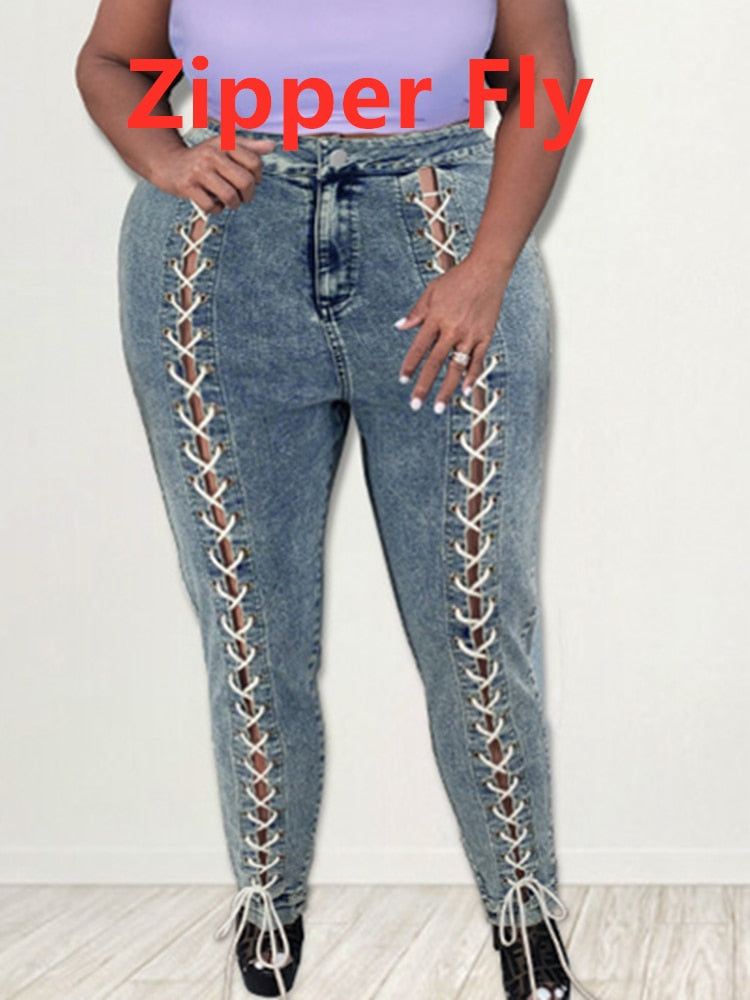 Peris Gems Blue With Lace Up / XL Plus Size Elastic Denim Pants | Women&