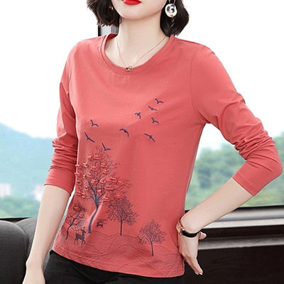 Peris Gems Brick red / M Bird Embroidery Long Sleeve Shirt for Women | O-Neck Crewneck Shirt Bird Embroidery Long Sleeve Shirt for Women | O-Neck Shirt SHEIN Amazon Temu
