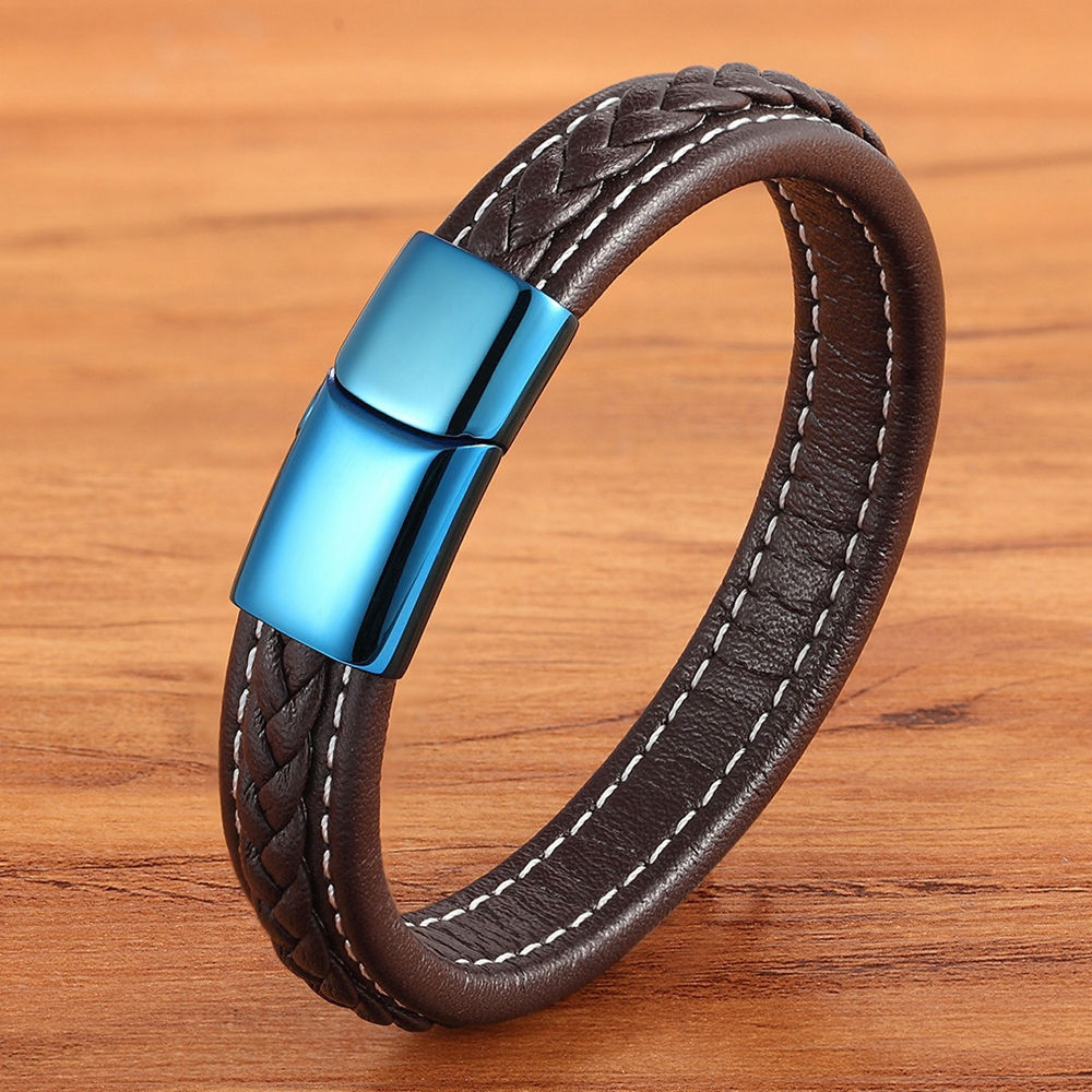 Peris Gems Brown 1 / 19cm Blue Leather Combination Stitching Buckle Bracelet for Men SHEIN Amazon Temu
