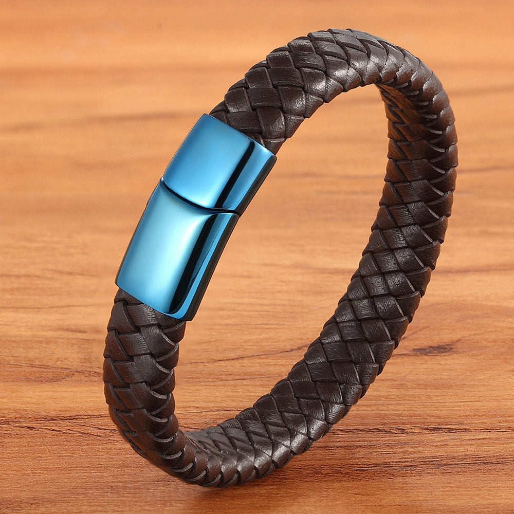 Peris Gems Brown / 19cm Blue Leather Combination Stitching Buckle Bracelet for Men SHEIN Amazon Temu