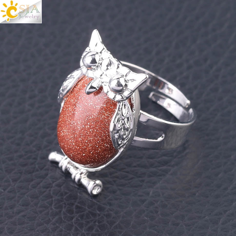 Peris Gems Brown Sand Cabochon Bead Owl Rings | Silver Diamond Owl Rings Adjustable SHEIN Amazon Temu