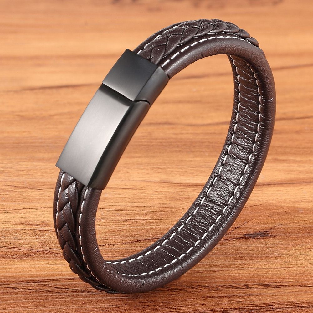 Peris Gems Brown with Black / 19cm Leather Textured Grid Buckle Bracelets Unisex | Black Rose Gold Leather Leather Textured Grid Buckle Bracelets Unisex SHEIN Amazon Temu