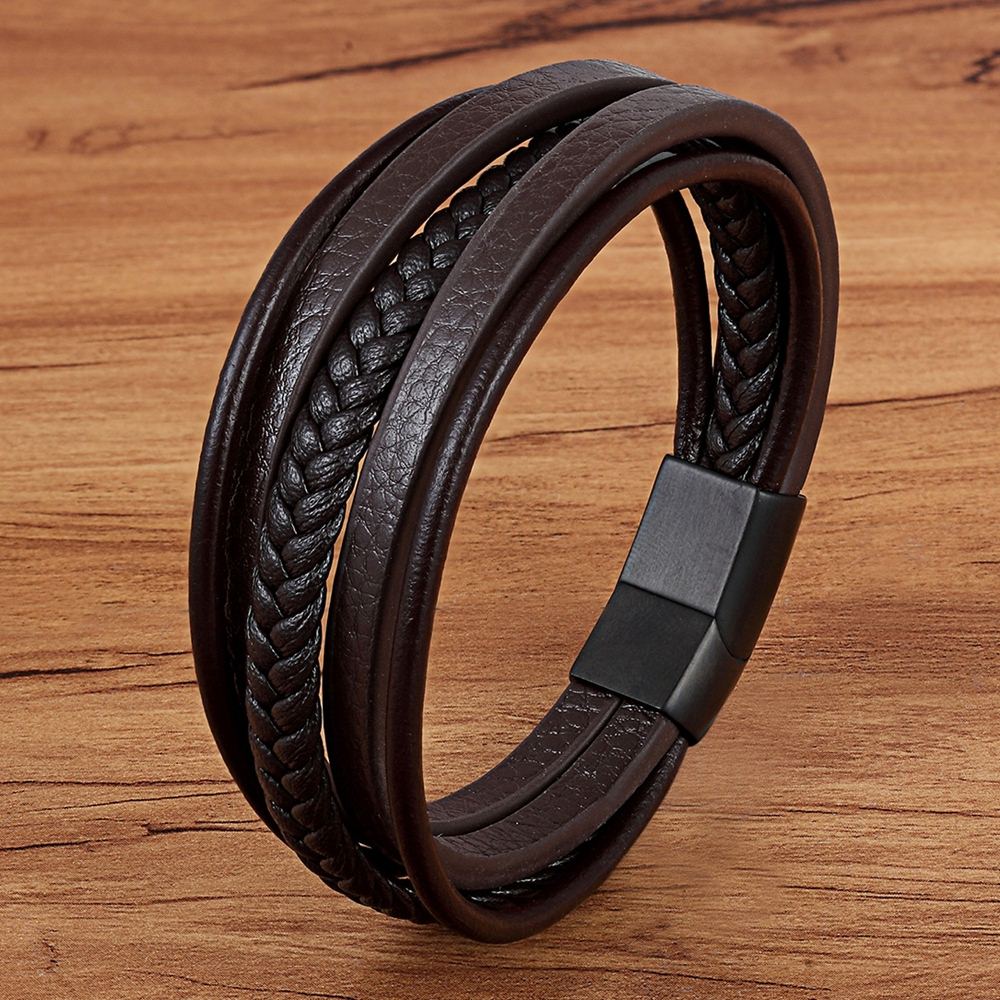 Peris Gems Brown with Black / 19cm Multilayered Charm Cuff Leather Bracelets for Men SHEIN Amazon Temu