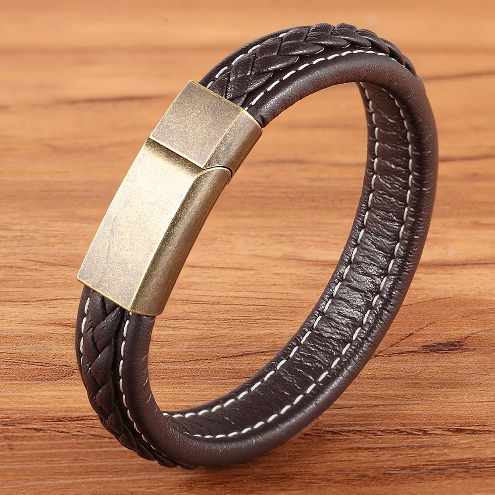 Peris Gems Brown with Gold / 19cm Leather Textured Grid Buckle Bracelets Unisex | Black Rose Gold Leather Leather Textured Grid Buckle Bracelets Unisex SHEIN Amazon Temu
