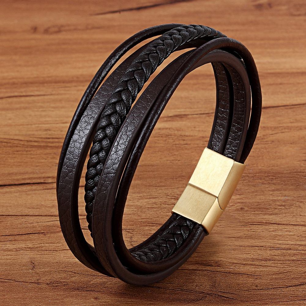 Peris Gems Brown with Gold / 19cm Multilayered Charm Cuff Leather Bracelets for Men SHEIN Amazon Temu