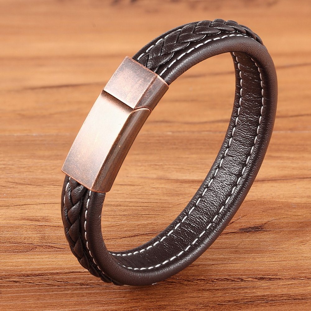 Peris Gems Brown with Rose gold / 19cm Leather Textured Grid Buckle Bracelets Unisex | Black Rose Gold Leather Leather Textured Grid Buckle Bracelets Unisex SHEIN Amazon Temu