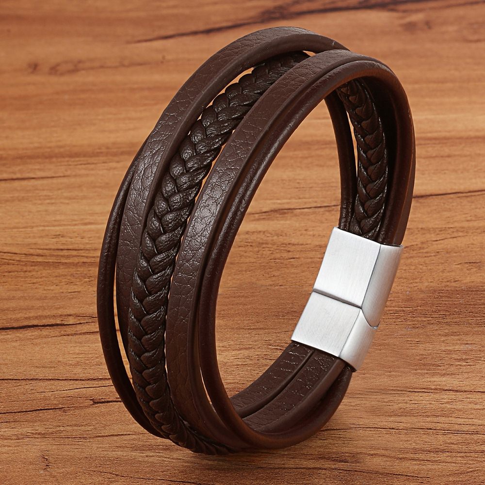 Peris Gems Brown with Steel / 19cm Multilayered Charm Cuff Leather Bracelets for Men SHEIN Amazon Temu