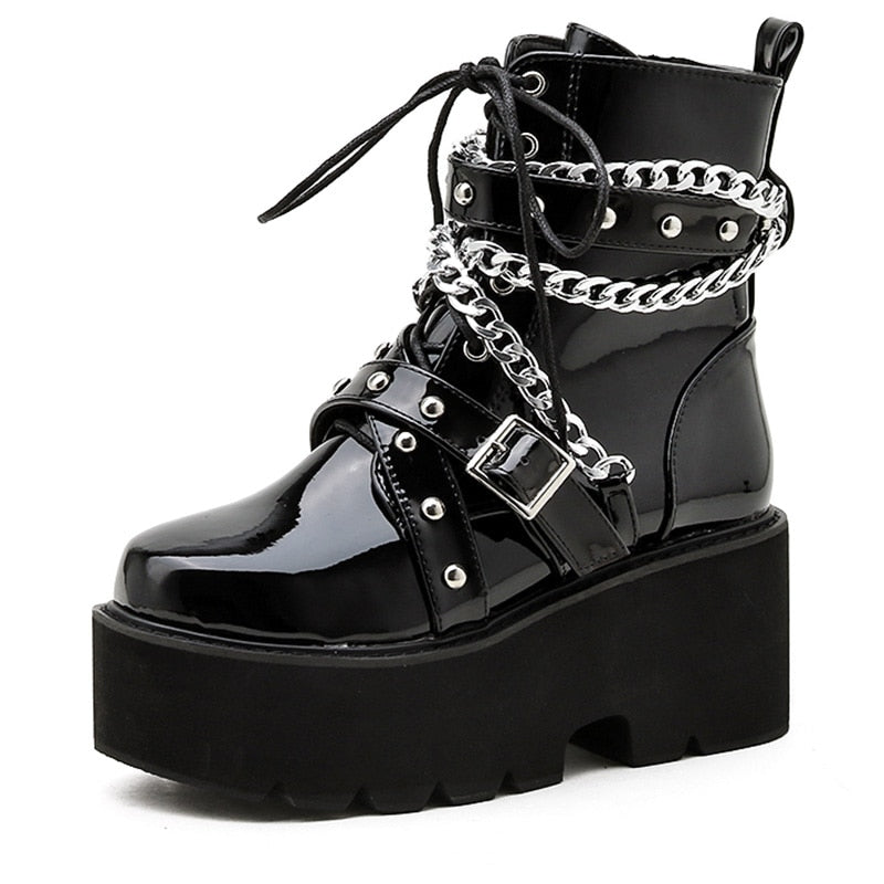 Peris Gems Buckle Strap Chain Ankle Boots for Women | Thick Leather Platforms Buckle Strap Chain Ankle Boots for Women | Thick Platforms SHEIN Amazon Temu