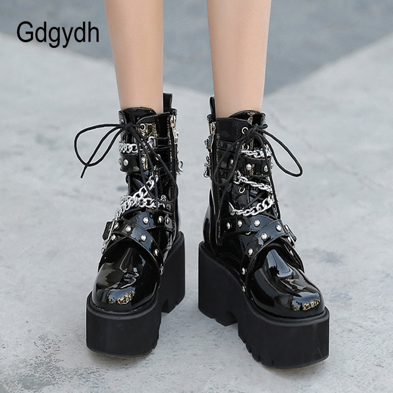 Peris Gems Buckle Strap Chain Ankle Boots for Women | Thick Leather Platforms Buckle Strap Chain Ankle Boots for Women | Thick Platforms SHEIN Amazon Temu