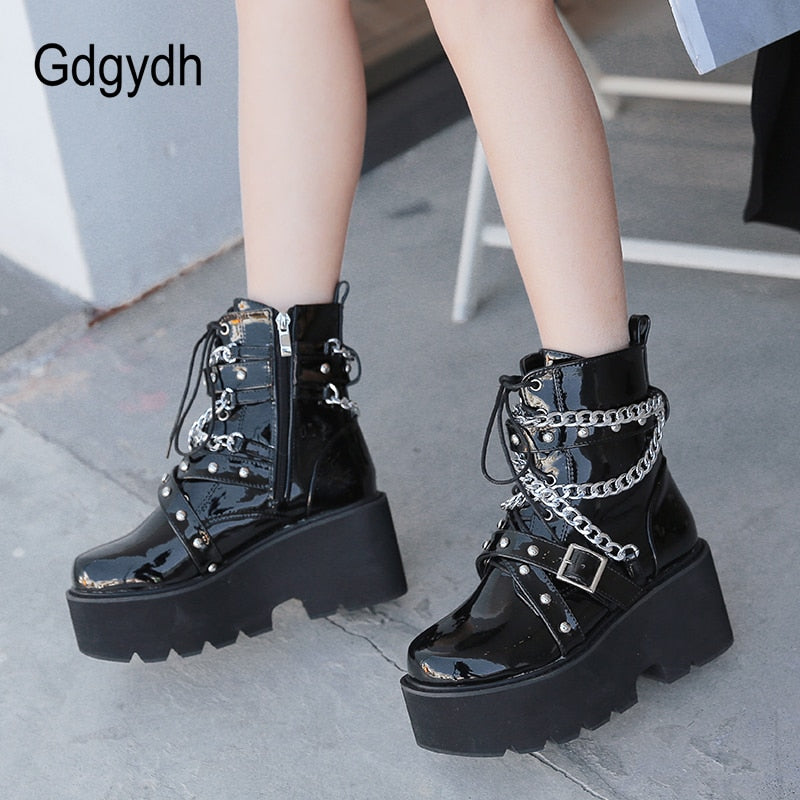 Peris Gems Buckle Strap Chain Ankle Boots for Women | Thick Leather Platforms Buckle Strap Chain Ankle Boots for Women | Thick Platforms SHEIN Amazon Temu